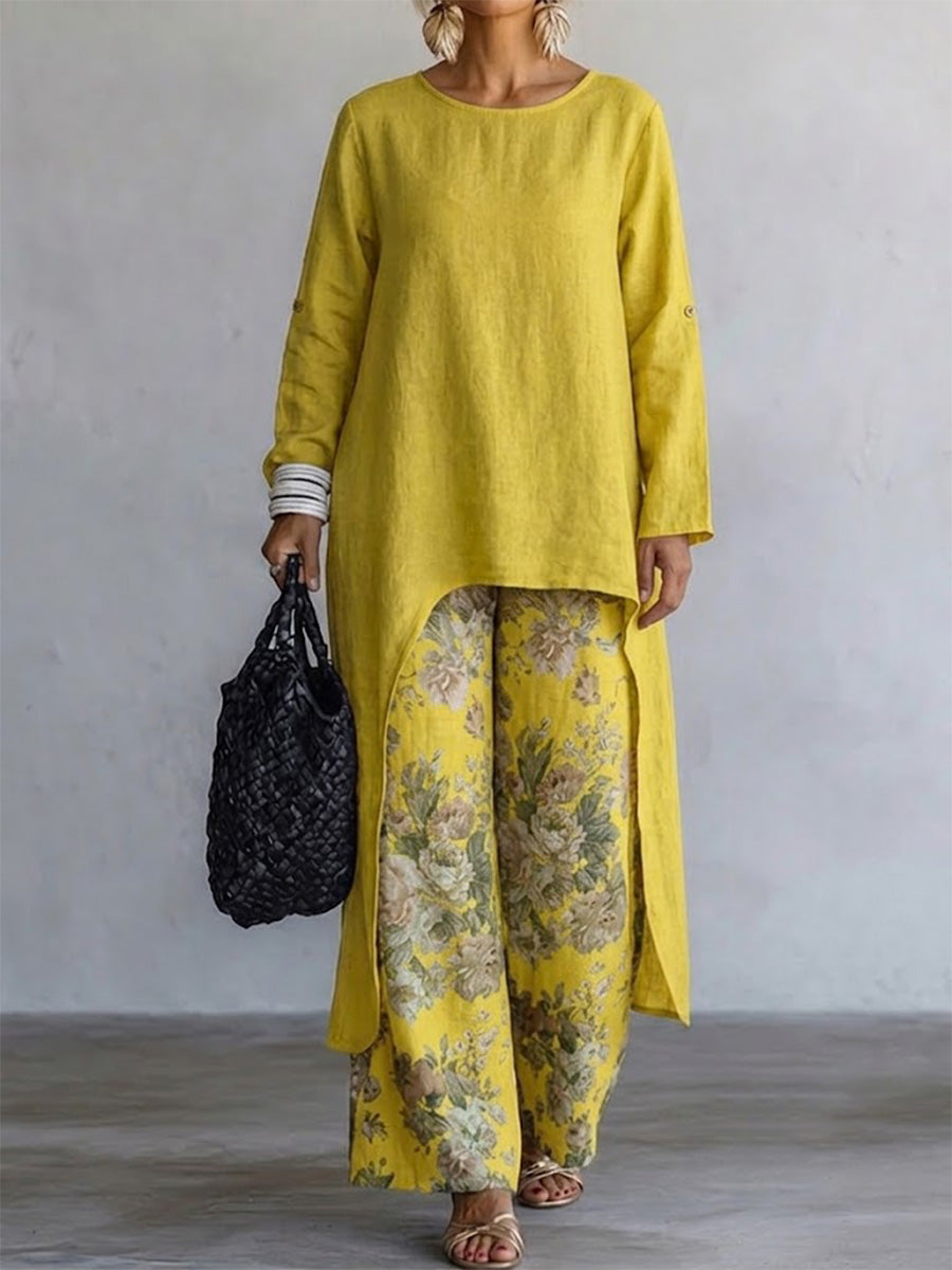 Two-piece Set Featuring A Floral Print Wide-leg Linen Pant And A Long, Side-slit Tunic With A Round Neck And Roll-tab Long Sleeves