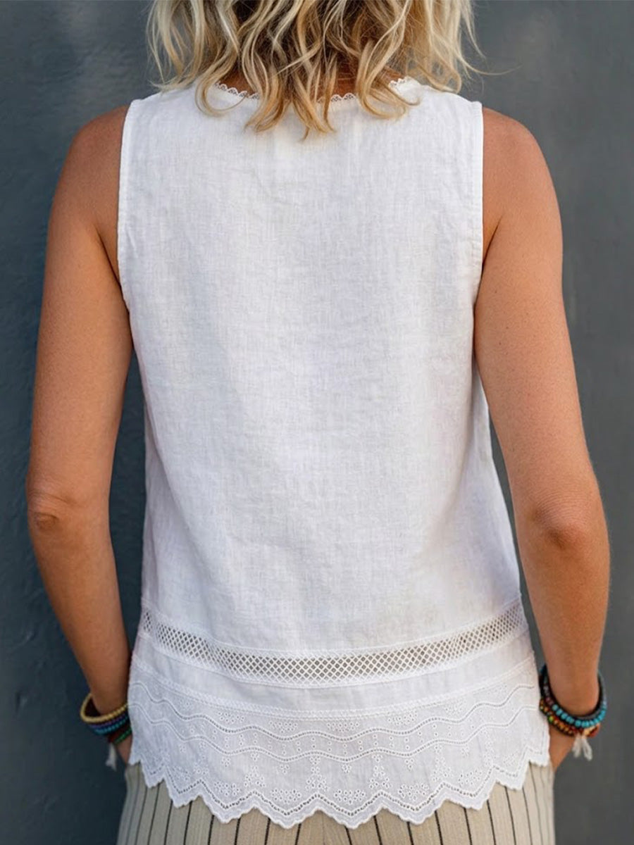 Sleeveless T-shirt With A Stylish Lace-trimmed Round Neck—a Casual, Slimming Top