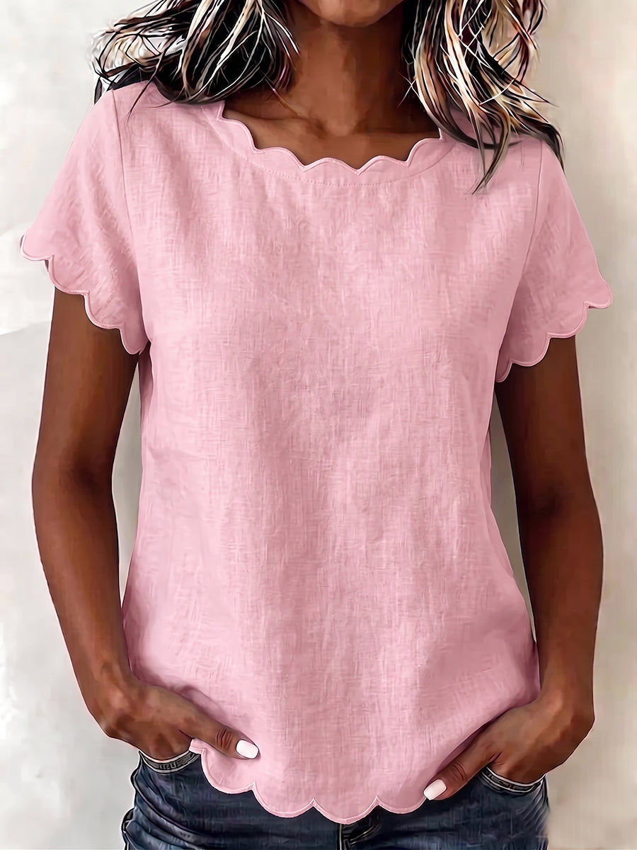 Sweet & Sophisticated Scallop Hem Summer Blouse - Relaxed Fit Solid Color Top