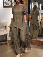 Cozy, Loose-fitting Tencel-cotton Top And Wide-leg Trousers Two-piece Set