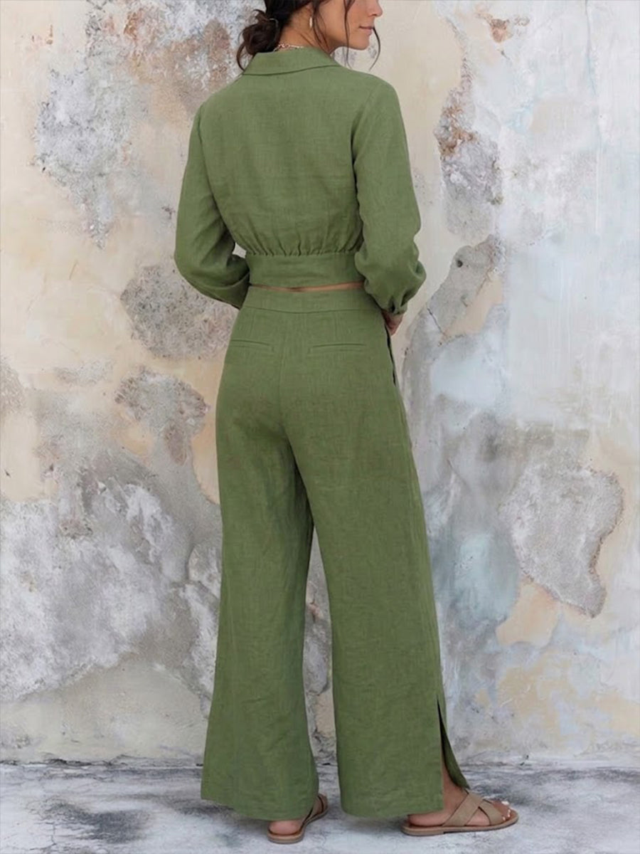 Casual Two-piece Set: Short-style Linen-cotton Shirt And Trousers