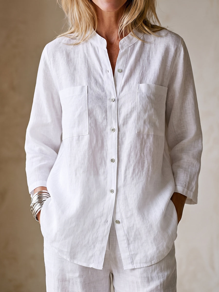 Elegant Cotton-linen Shirt With Lace Back Panel