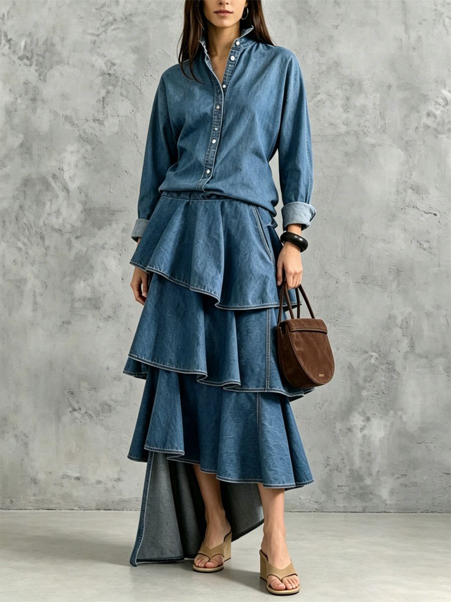 Women's Asymmetrical Ruffle Hem Art Casual Stylish Long Sleeve Maxi Denim Dress