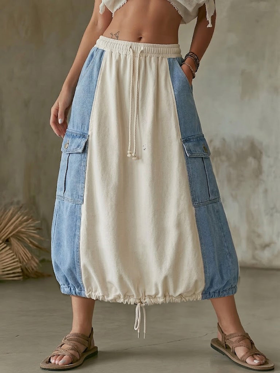 Casual Color-block Patchwork Denim Skirt