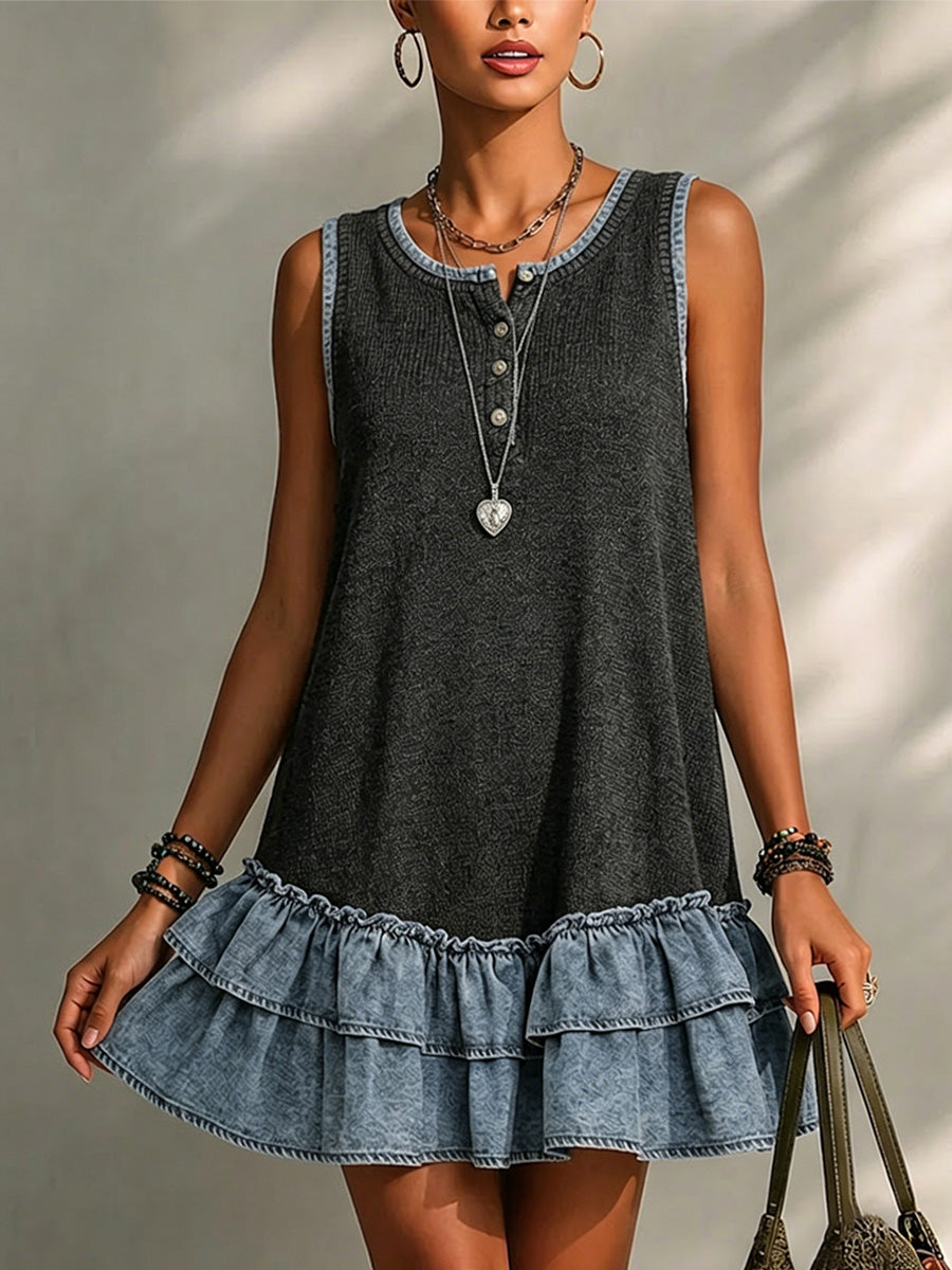 Distressed Knit Denim-trimmed Sleeveless Double-layer Ruffle Dress With A Partial Button Placket