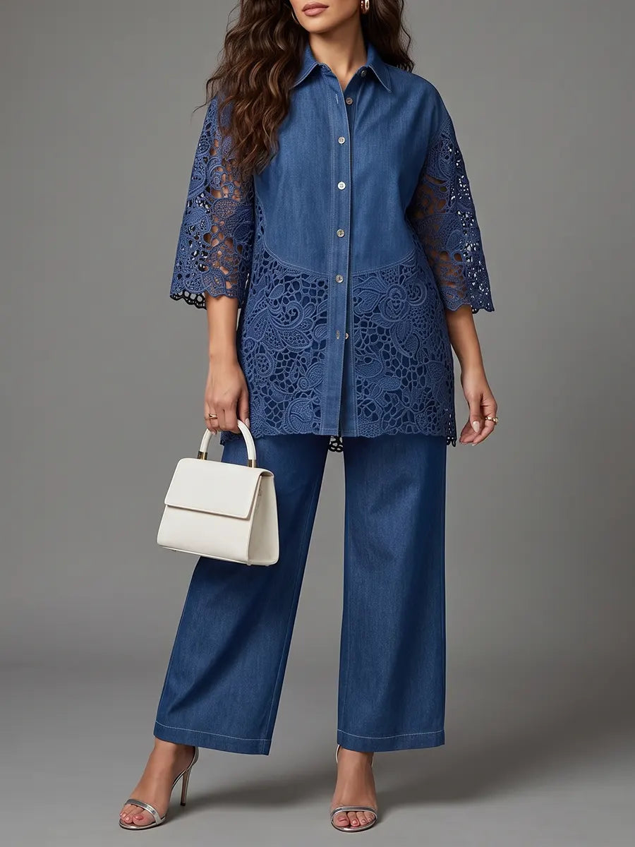 Elegant Lace-Spliced Tencel Denim Set