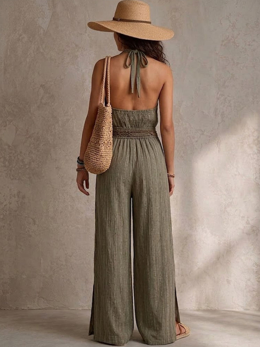 Vertical-striped Cotton Wide-leg Jumpsuit Featuring A Halter Neck, Deep V-neck, Drawstring Elastic Waist, And Side Slits