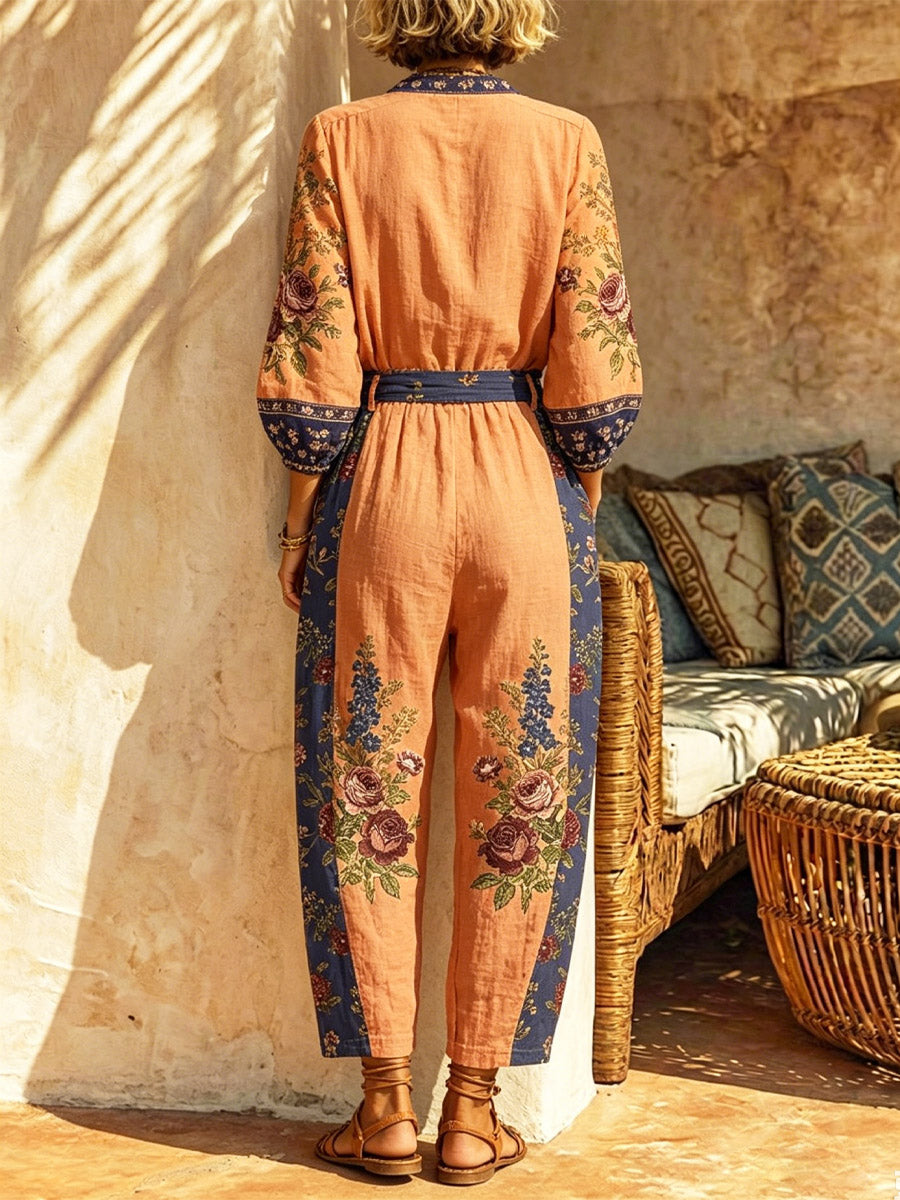 Women's Retro Floral Art Print Casual Top And Pants Cotton And Linen Two-piece Set